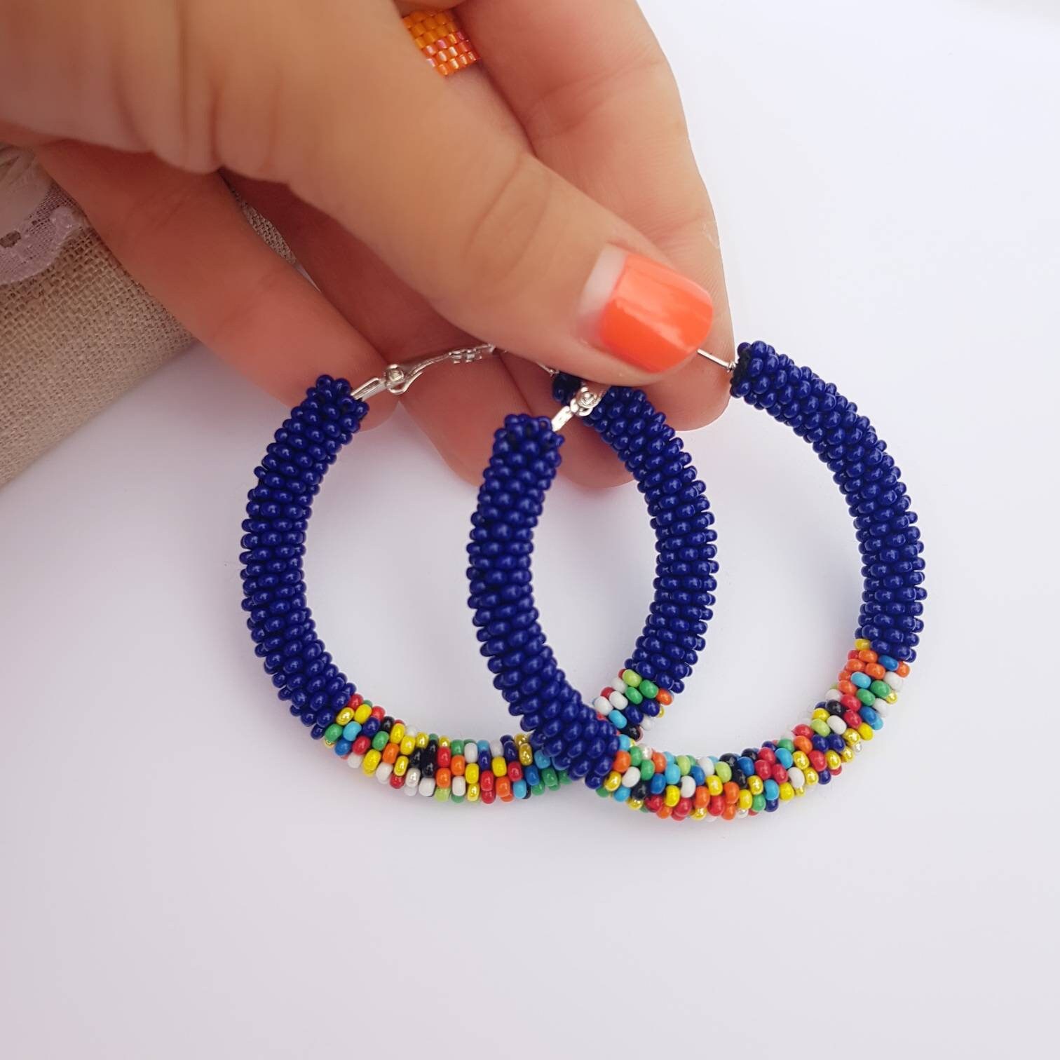 Large blue hoop earrings Seed bead earrings hoops Colorful | Etsy