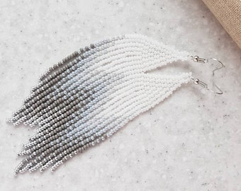 White gray ombre long seed bead earrings Beaded fringe earrings Dangle beadwork earrings Boho wedding earrings