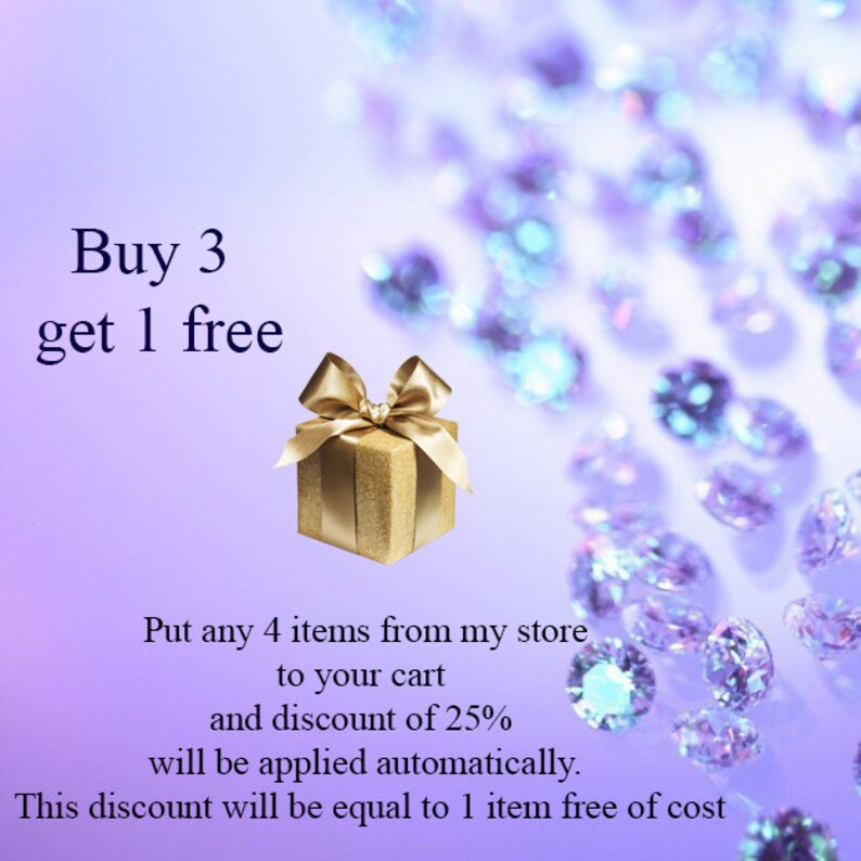 May include: A gold gift box with a bow on top of a purple background with sparkling diamonds. The text "Buy 3 get 1 free" is at the top of the image. The text "Put any 4 items from my store to your cart and discount of 25% will be applied automatically. This discount will be equal to 1 item free of cost" is at the bottom of the image.