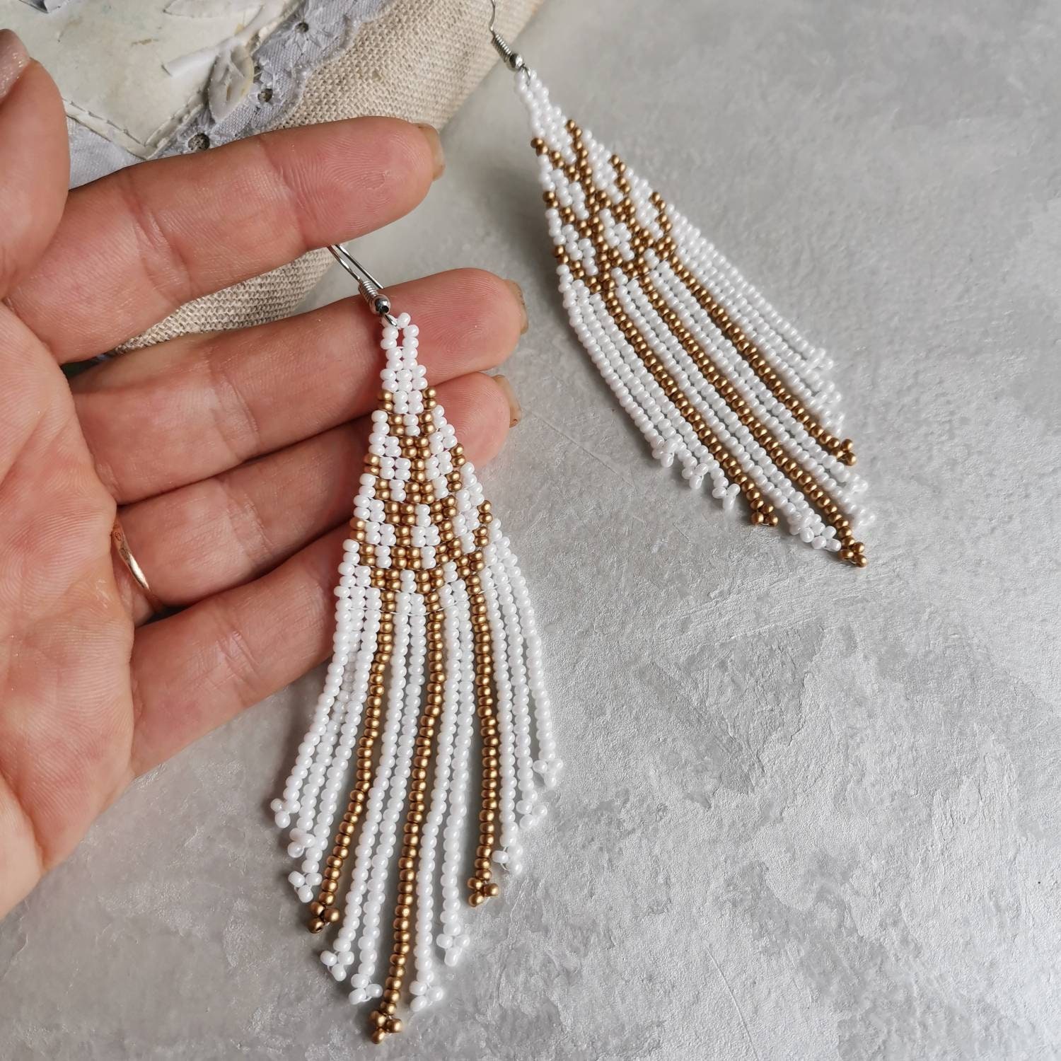 White and Gold Beaded Fringe Earrings Long Seed Bead | Etsy