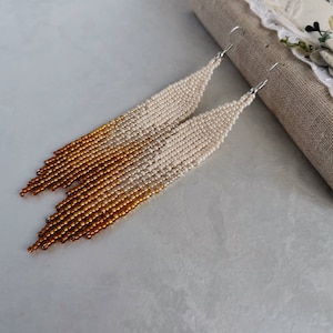 Pearl and gold beaded fringe earrings Beige sparkle long seed bead earrings dangle Ombre chandelier bridal shower jewelry gift for women