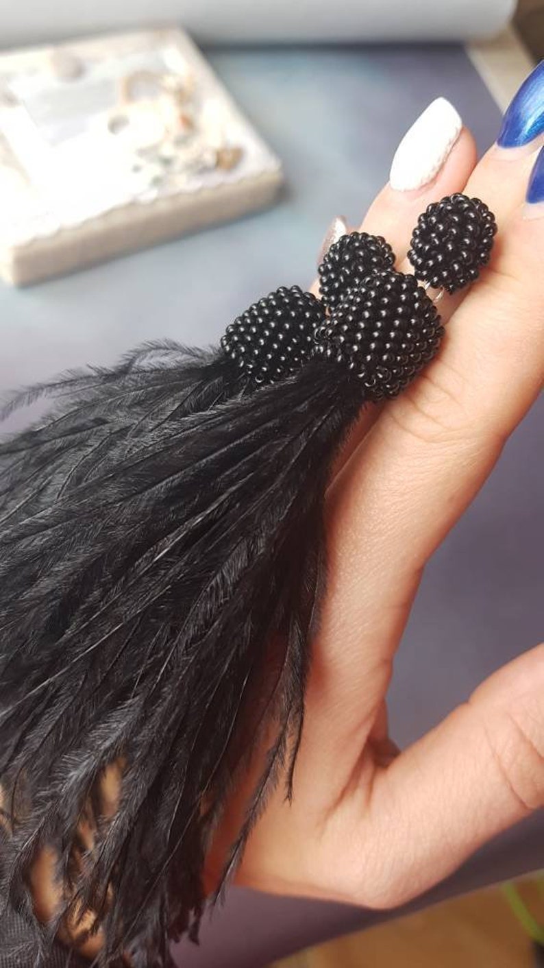 Tassel Gothic crochet earrings Long black natural ostrich feathers earrings Shoulder duster jewelry