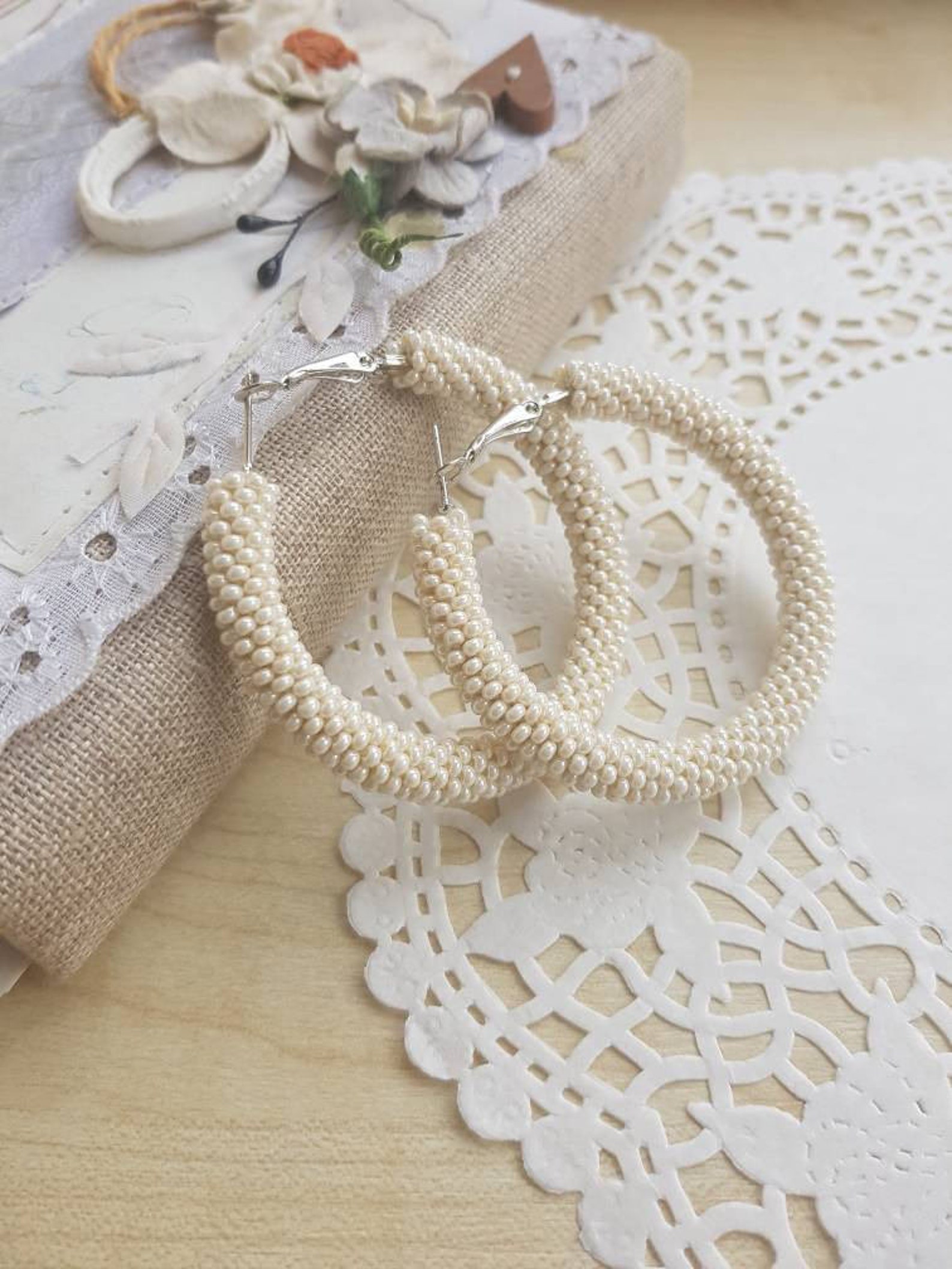 Pearl hoop earrings Large seed bead earrings Cream beaded Etsy