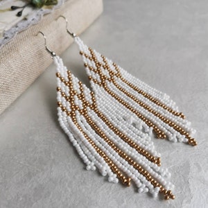 White and gold beaded fringe earrings Long seed bead chandelier earrings Boho dangle beadwork earrings Handmade jewelry gift for women