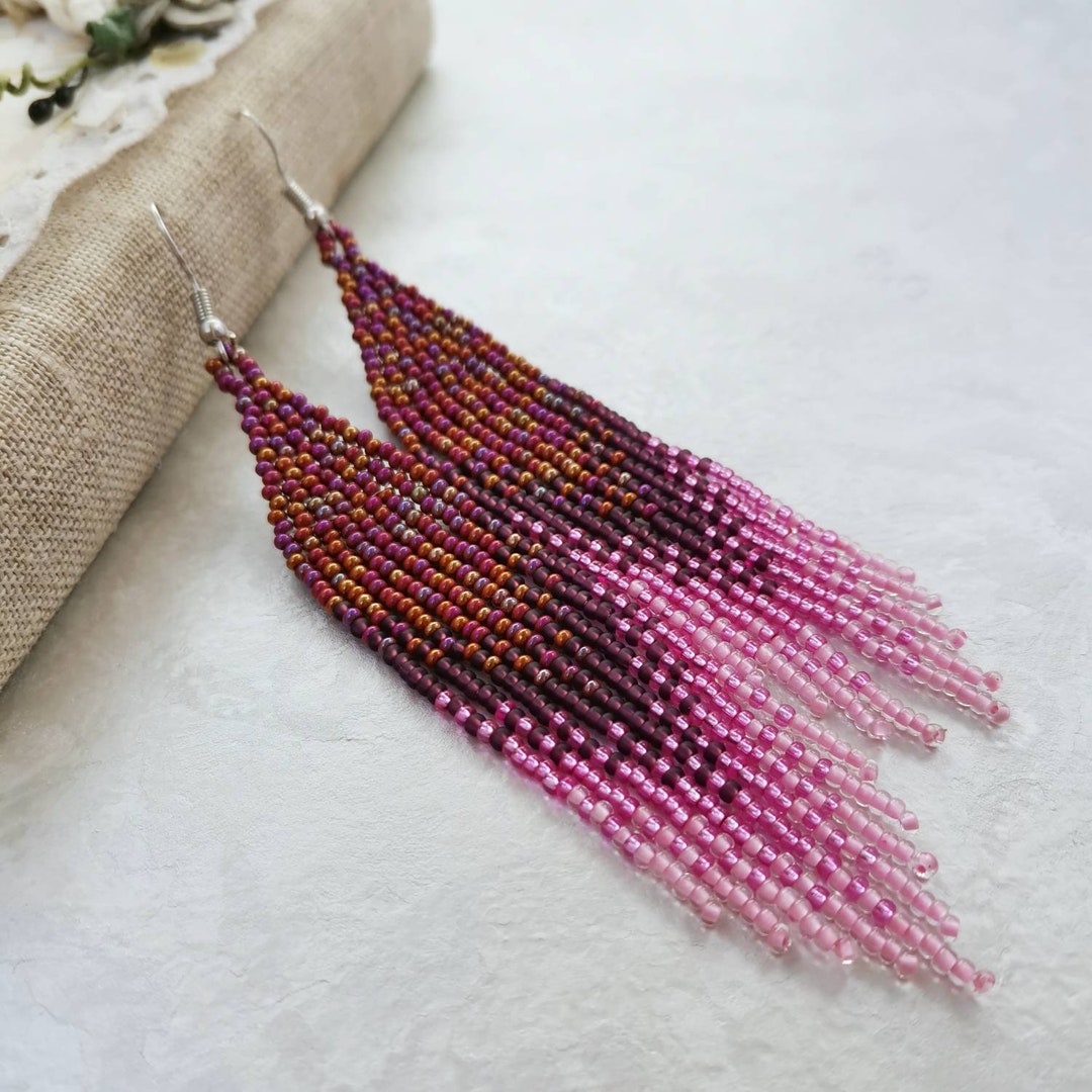 Pink Ombre Beaded Fringe Earrings Long Seed Bead Dangle Earrings Boho ...