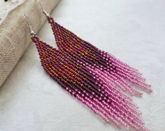 Pink ombre beaded fringe earrings Long seed bead dangle earrings Boho chandelier earrings Bohemian jewelry gift for women her wife sister