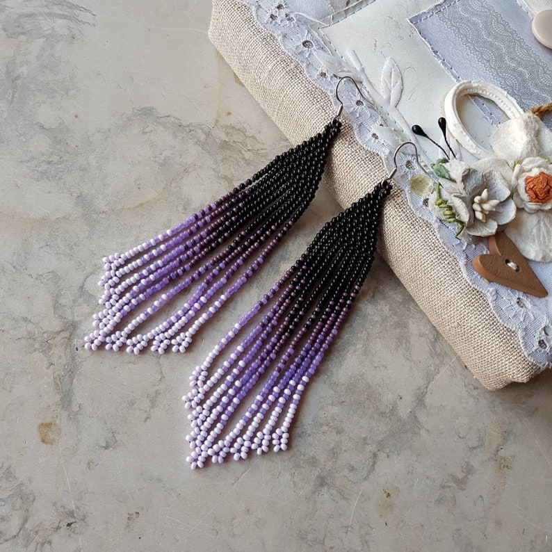 Purple Beaded Fringe Earrings Lavender Long Seed Bead Earrings Etsy