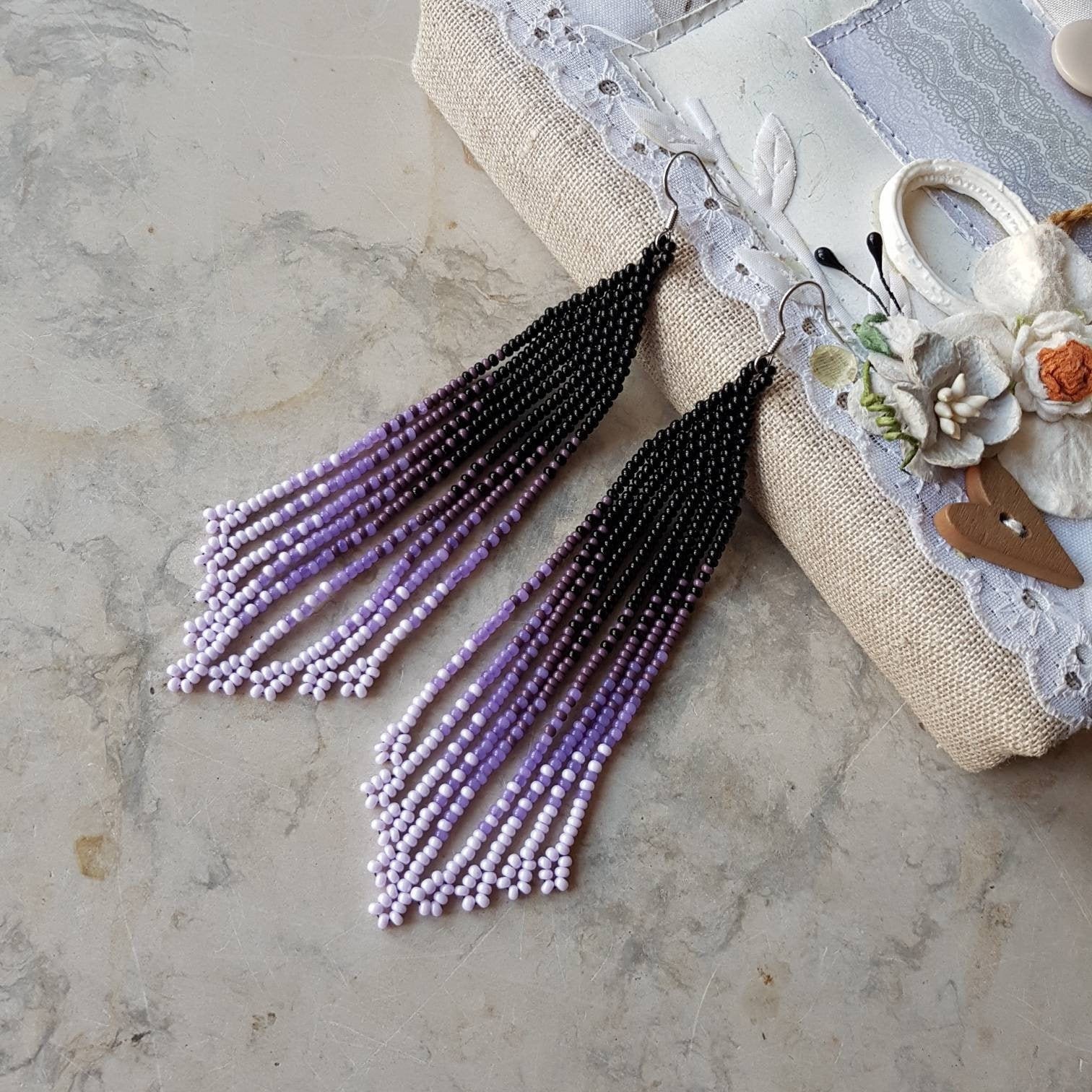 Purple beaded fringe earrings lavender long seed bead Etsy