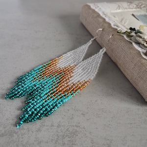 Teal blue bohemian beaded earrings Seed bead fringe dangling earrings Chandelier gradient earrings Ombre beadwork jewelry gift women