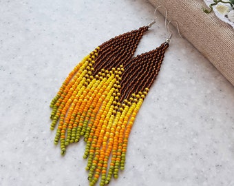Long seed bead chandelier earrings Beaded dangle fringe earrings Brown yellow orange green fall earrings Handmade jewelry Autum earth tone
