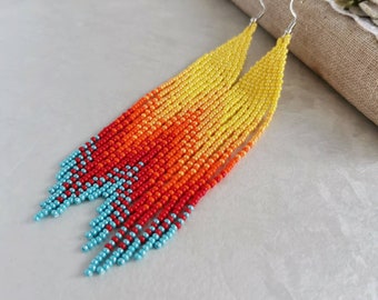 Long beaded fringe earrings Colorful dangle seed bead earrings Handmade color pop oversized earrings Multicolor bright jewelry