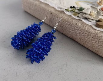 Royal blue christmas tree beaded earrings Dangle holiday seed bead earrings Pinecone earrings Xmas holiday jewelry gift for women her