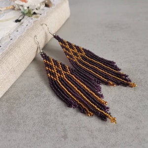 Matte dark purple and gold beaded chandelier earrings Aubergine evening long dangle seed bead earrings Fringe beadwork jewelry gift woman