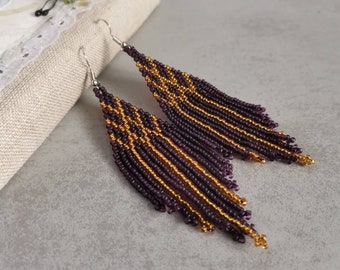 Matte purple and gold beaded earrings Graceful evening earrings Long dangle seed bead earrings Fringe beadwork refinement jewelry gift