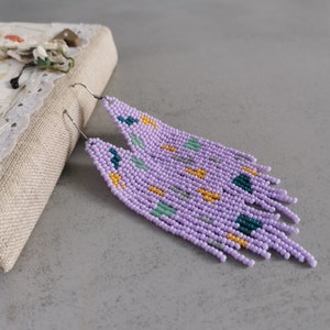 Light purple beaded fringe earrings Abstract painting long seed bead dangle earrings Colorful handmade jewelry Christmas gift