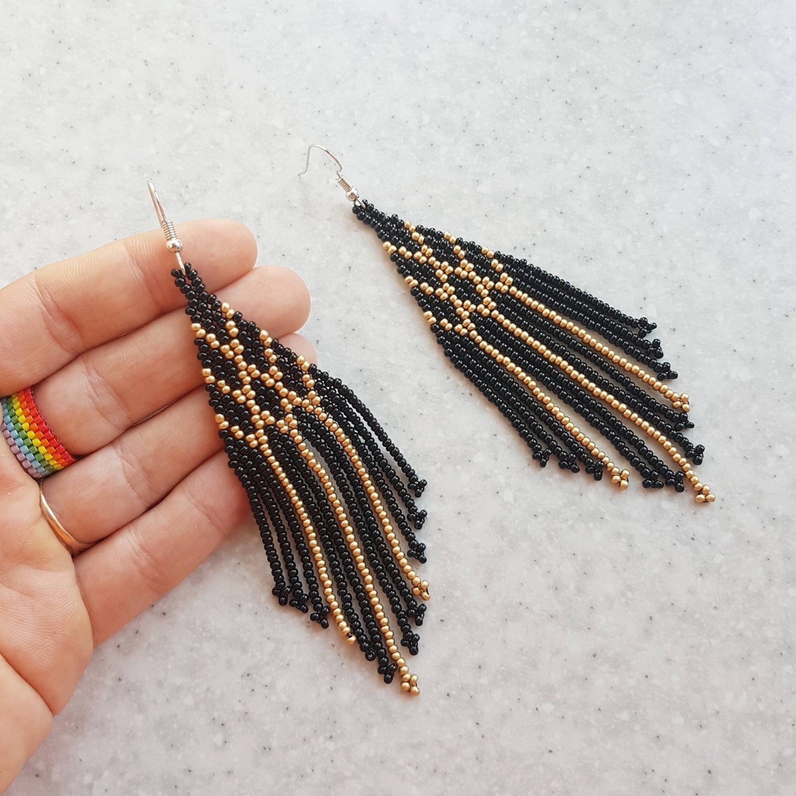 Black and gold beaded fringe earrings Long seed bead earrings Etsy