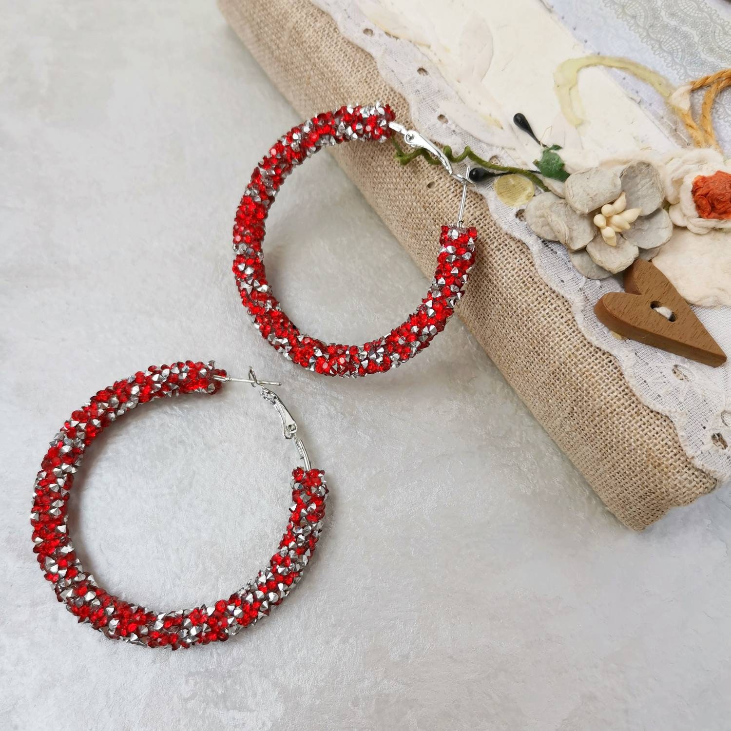 Red Rhinestone Hoop Earrings Large Crystal Pageant Earrings Etsy
