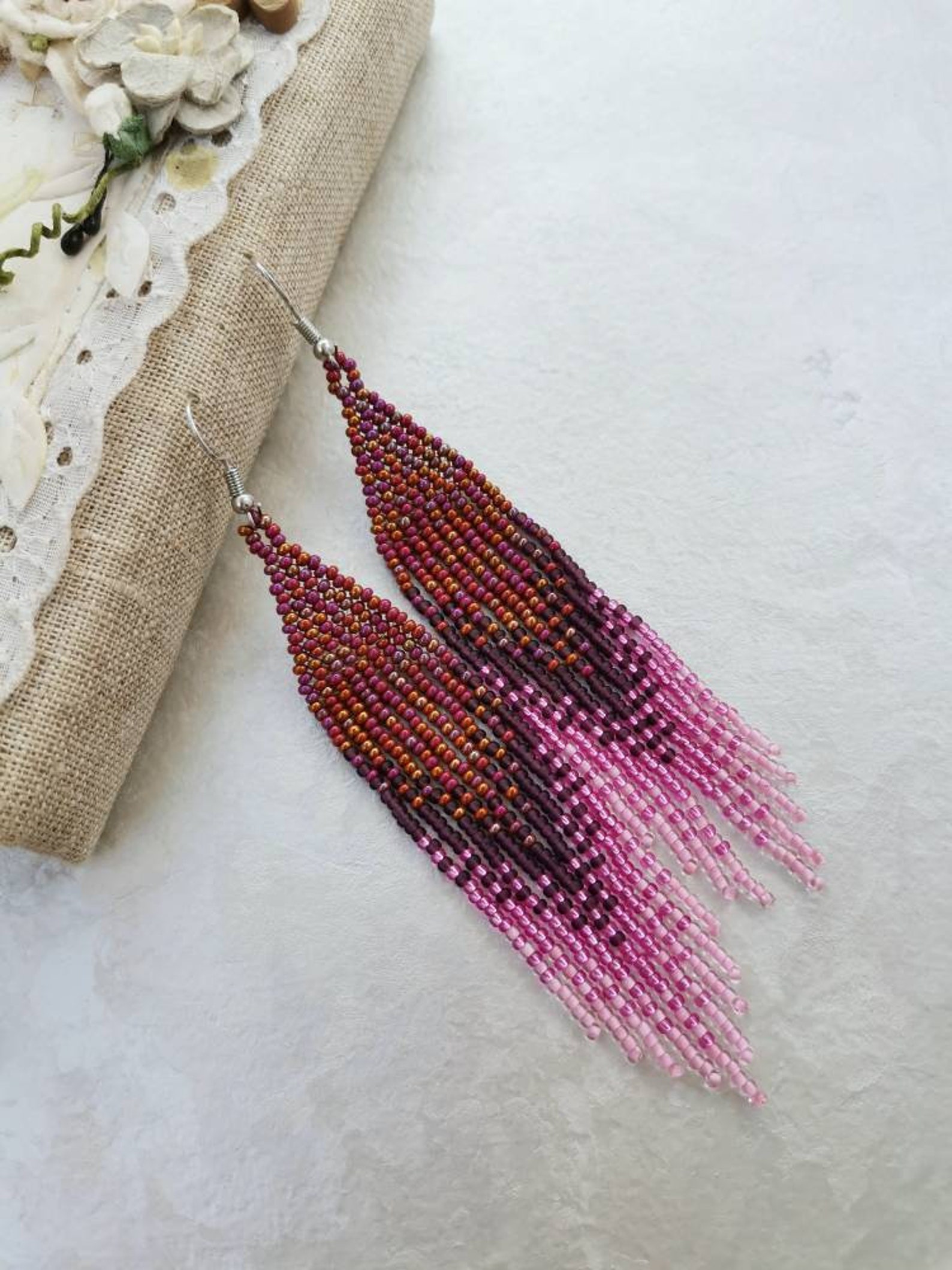 Pink Ombre Beaded Fringe Earrings Long Seed Bead Dangle Earrings Boho ...