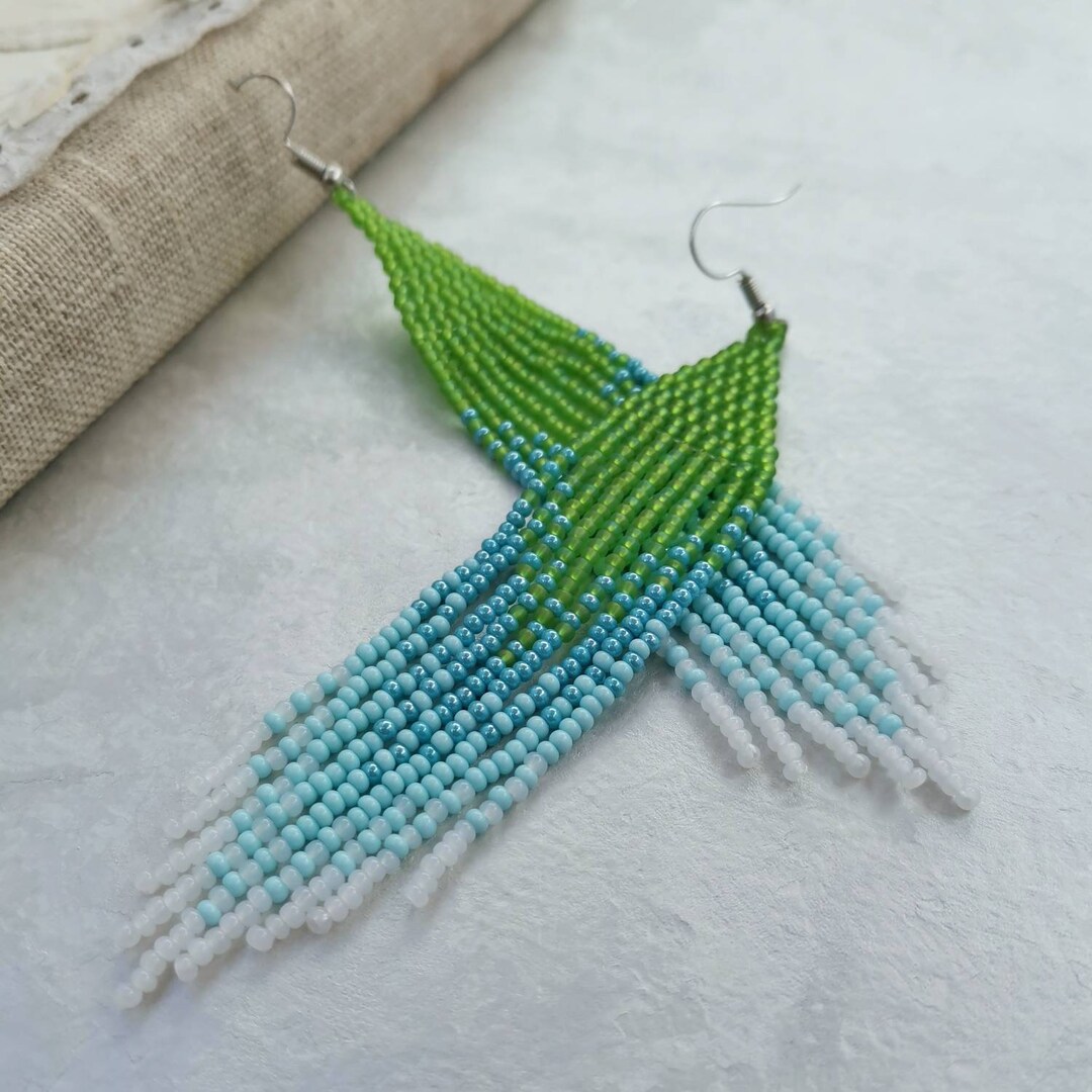 Blue and Green Ombre Long Beaded Dangle Earrings Seed Bead Fringe ...