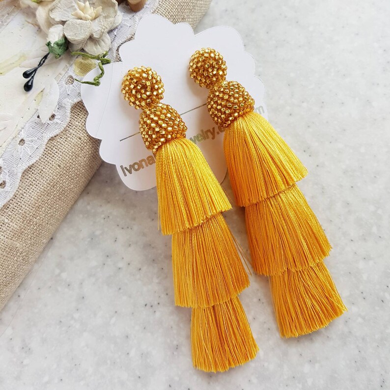 Mustard yellow tassel earrings Long stud earrings for women Etsy