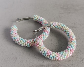 Pastel colored beaded hoop earrings Colorful large medium small hoops Big seed bead earrings Confetti sorbet colors unique jewelry gift