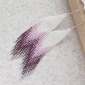 Lavender long beaded fringe earrings, Shoulder length ombre seed bead chandelier earrings, Purple wedding bridesmaid bohemian jewelry