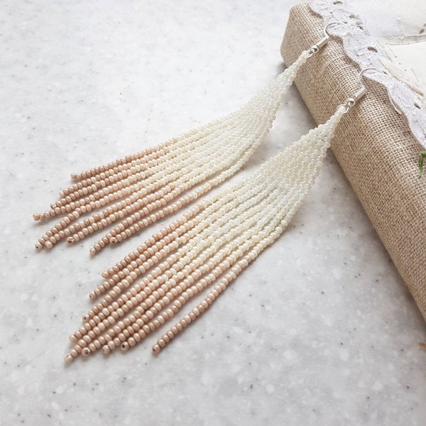 Beige gradient long seed bead earrings, Beaded  chandelier dangle fringe earrings, Boho gypsy hippie jewelry Shoulder duster desert earrings