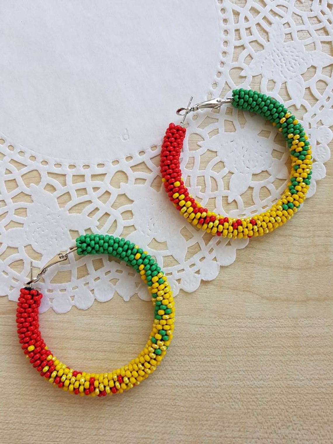Rasta hoop earrings Big beaded hoops Large seed bead hoop Etsy