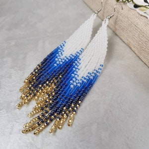 Blue ombre beaded fringe earrings 4 inches Seed bead chandelier earrings Boho long navy blue earrings Unique gift for women / her / sister