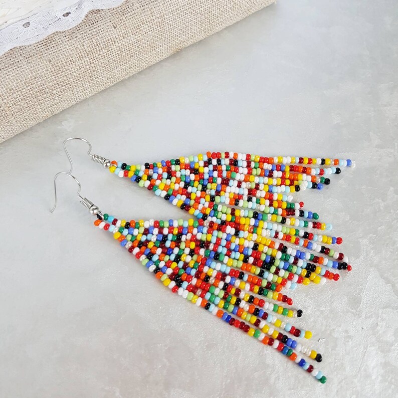 Colorful beaded earrings Dangle earrings Multicolor fringe Etsy