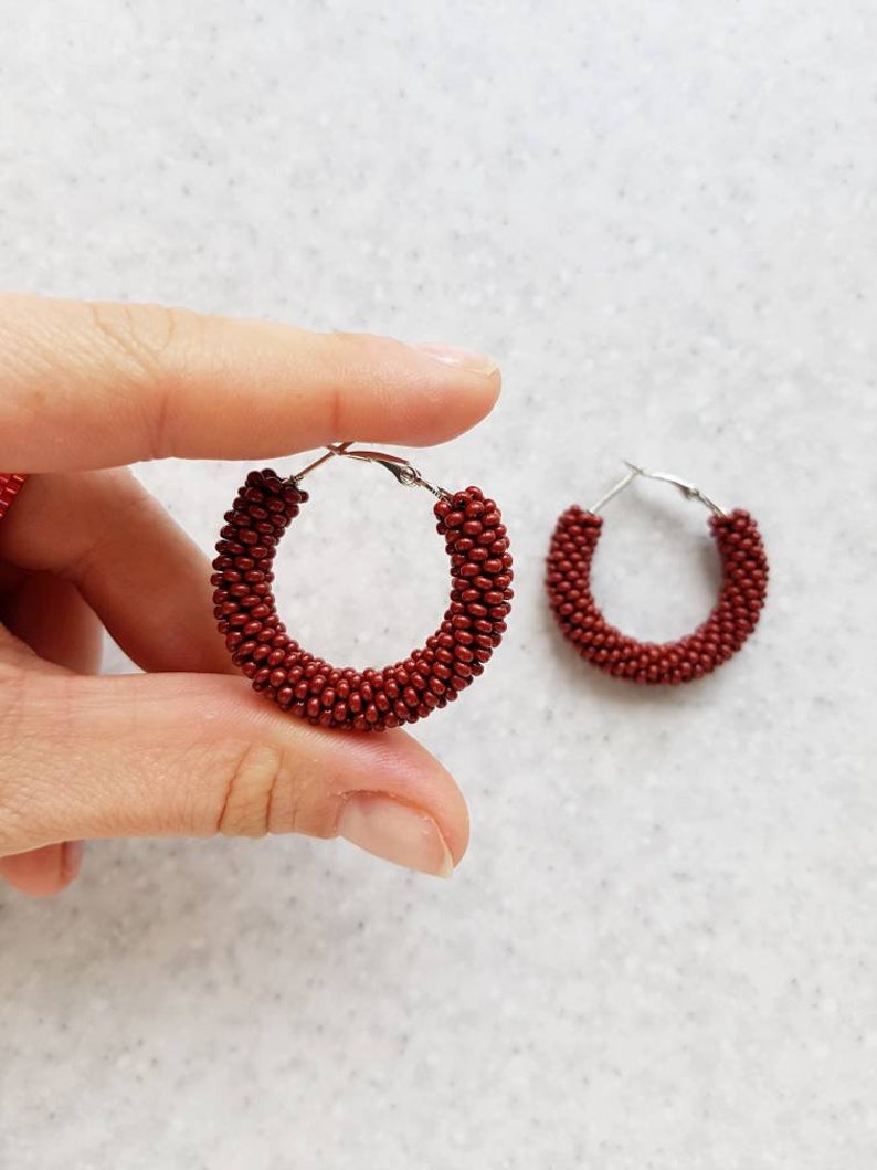 Small beaded hoop earrings Wedding bridesmaid circle earrings Seed bead crochet earrings Beadwork jewelry Ukraine seller shop small business image 3