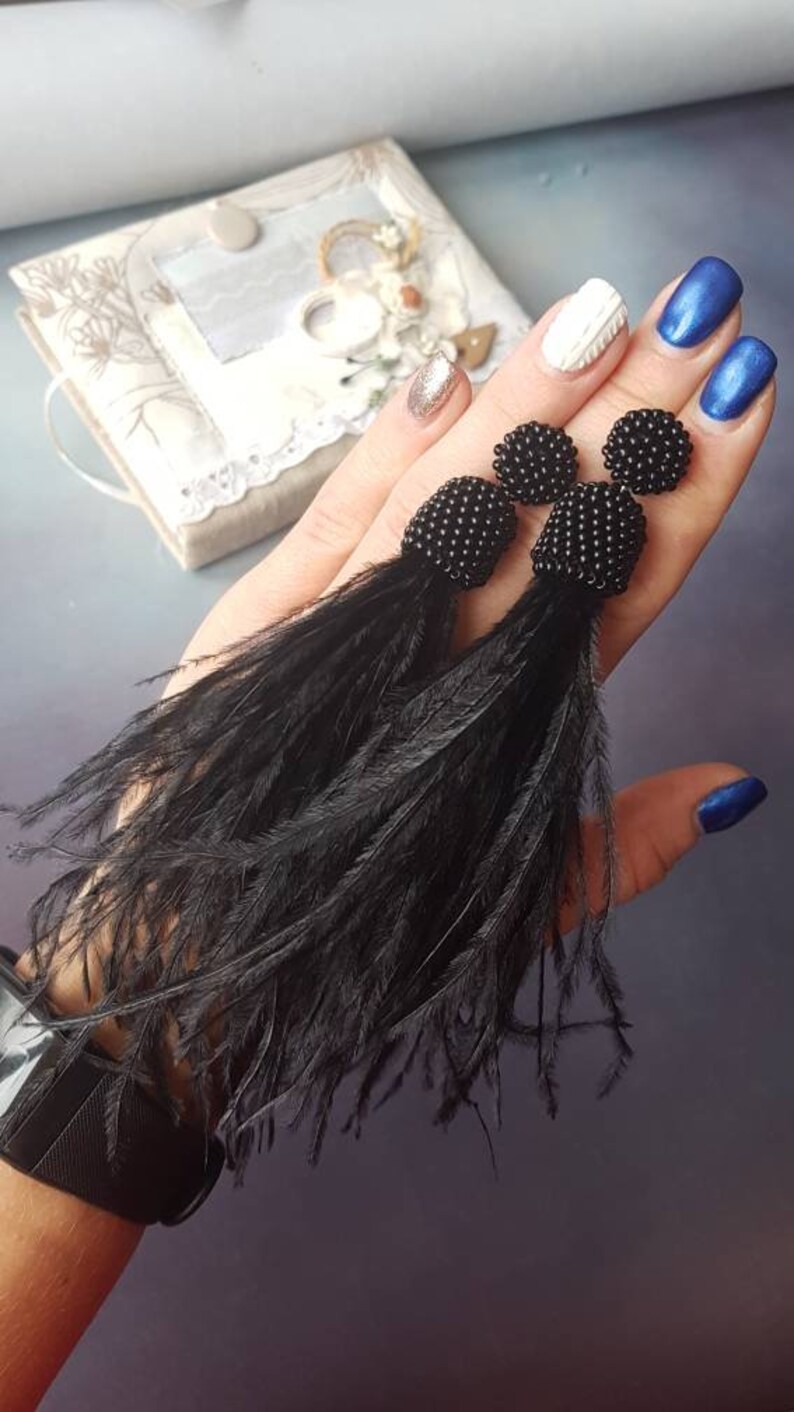 Tassel Gothic crochet earrings Long black natural ostrich feathers earrings Shoulder duster jewelry
