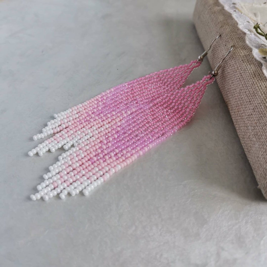 Light Pink Beaded Earrings Long Seed Bead Earrings Gradient Dangle ...
