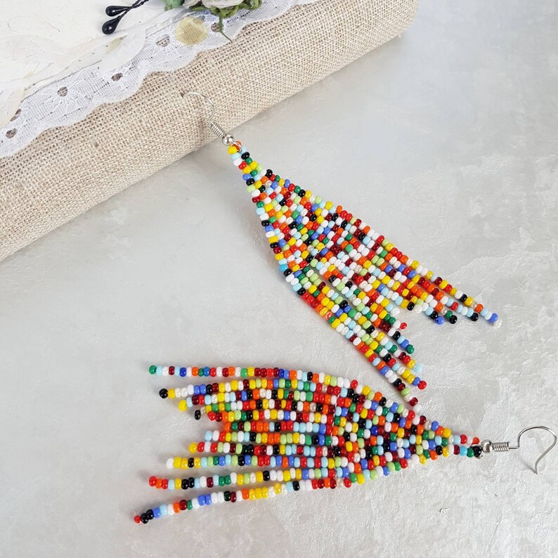 Colorful beaded earrings Dangle earrings Multicolor fringe Etsy