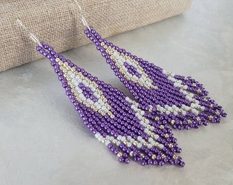 Purple and gold beaded fringe earrings Cheer earrings Long dangle seed bead earrings Waterfall chandelier handmade earrings