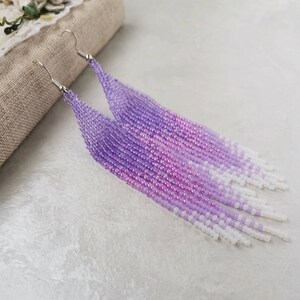 Purple seed bead fringe earrings Long lilac dangle earrings Beaded chandelier earrings Wedding bridesmaid earrings Handmade jewelry