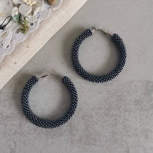 Gunmetal beaded hoop earrings Dark grey oversized circle earrings Large massive seed bead hoops Small 1 or 2 inch earrings Handmade jewelry