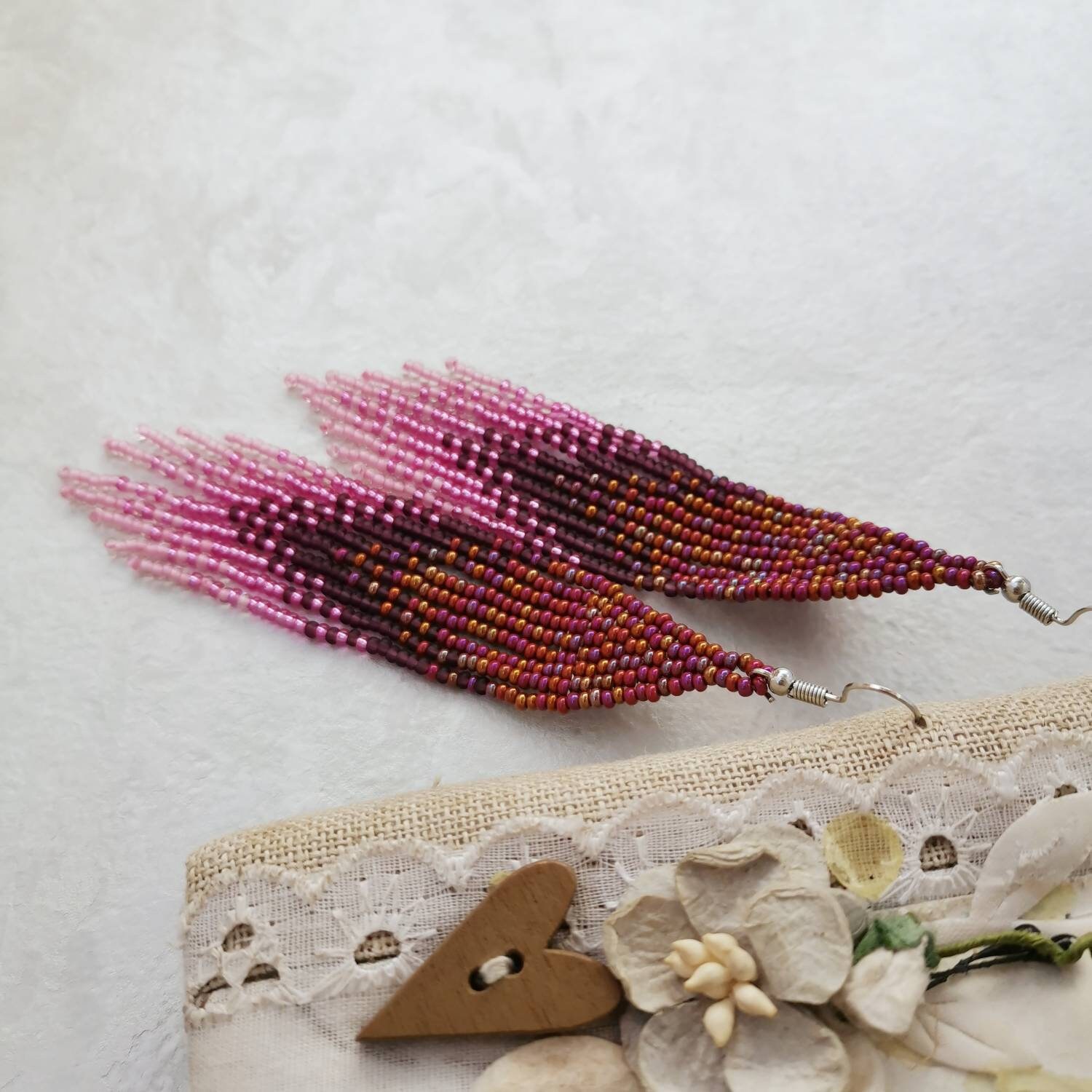 Pink Ombre Beaded Fringe Earrings Long Seed Bead Dangle Earrings Boho ...
