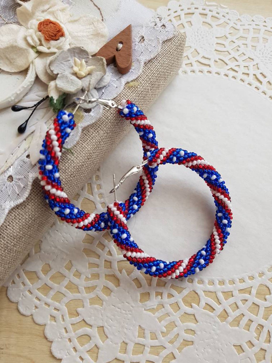 4th of july beaded hoop earrings USA flag seed bead earrings Etsy