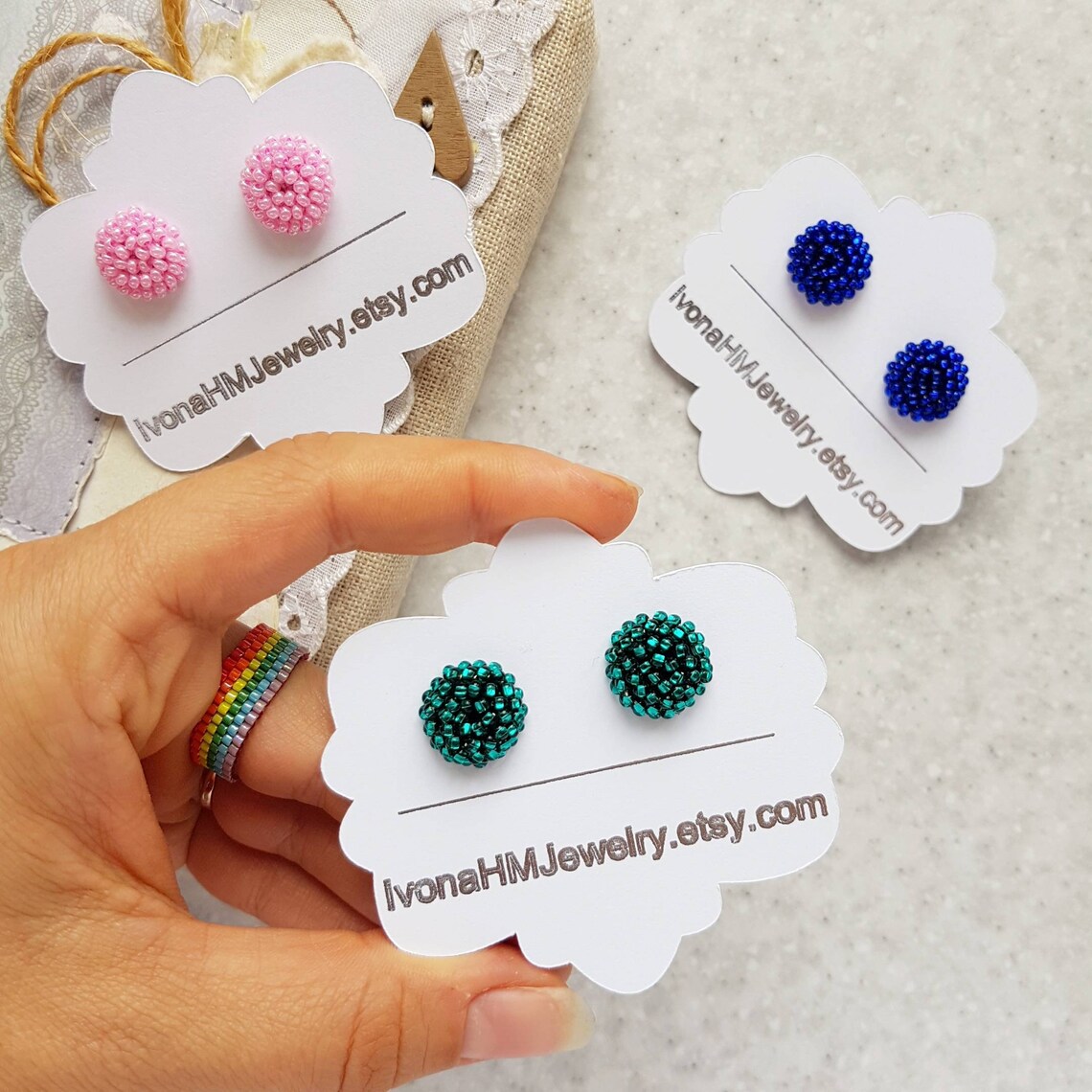 Preppy stud earrings Small beaded stud earrings Emerald green Etsy