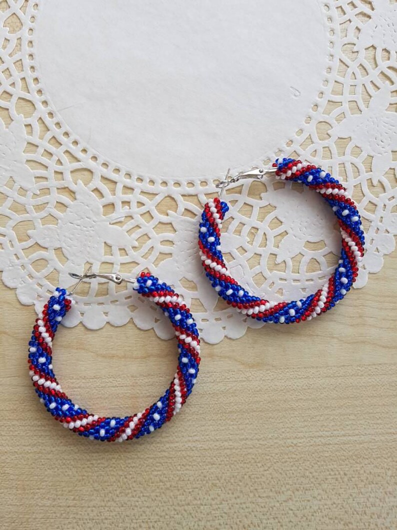 4th of july beaded hoop earrings USA flag seed bead earrings Etsy