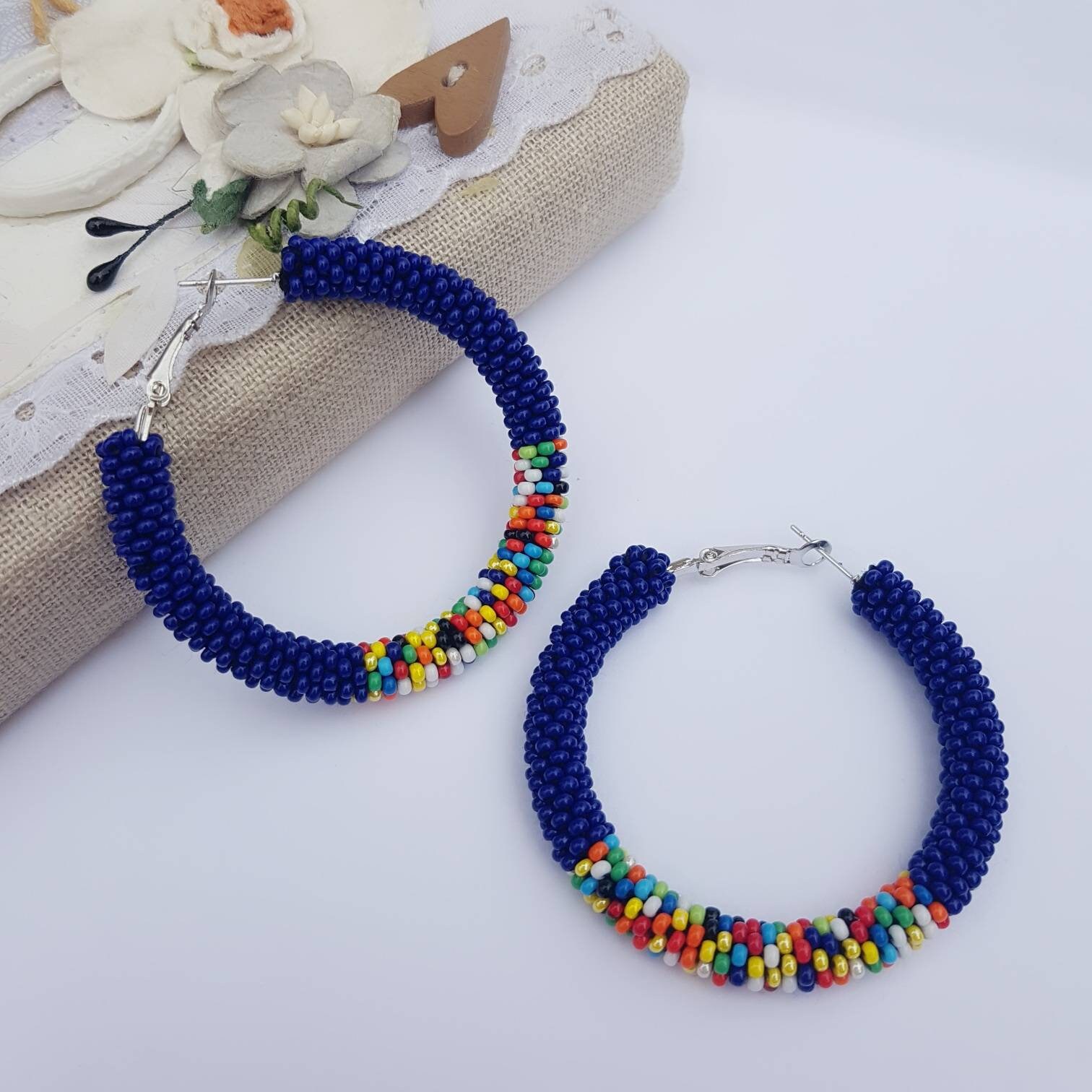 Large blue hoop earrings Seed bead earrings hoops Colorful | Etsy