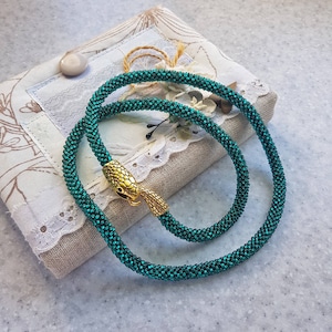 Emerald green snake necklace Long seed bead necklace Ouroboros Witch jewelry Handmade