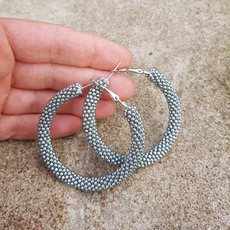 Silver seed bead hoop earrings Big small beaded hoops Circle Etsy