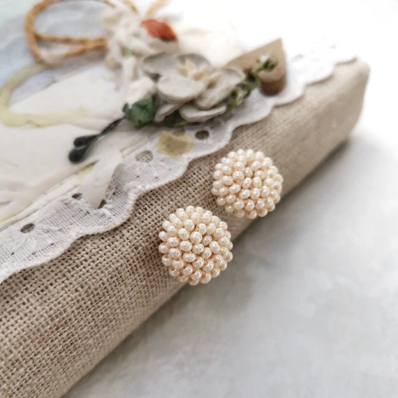 Seed pearl earrings, Regencycore wedding bridesmaids neutral small stud earrings, Boho bride pastel cream  classic earrings