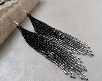 Black and silver seed bead earrings Gradient long beaded fringe earrings Beadwork ombre earrings Evening chandelier earrings