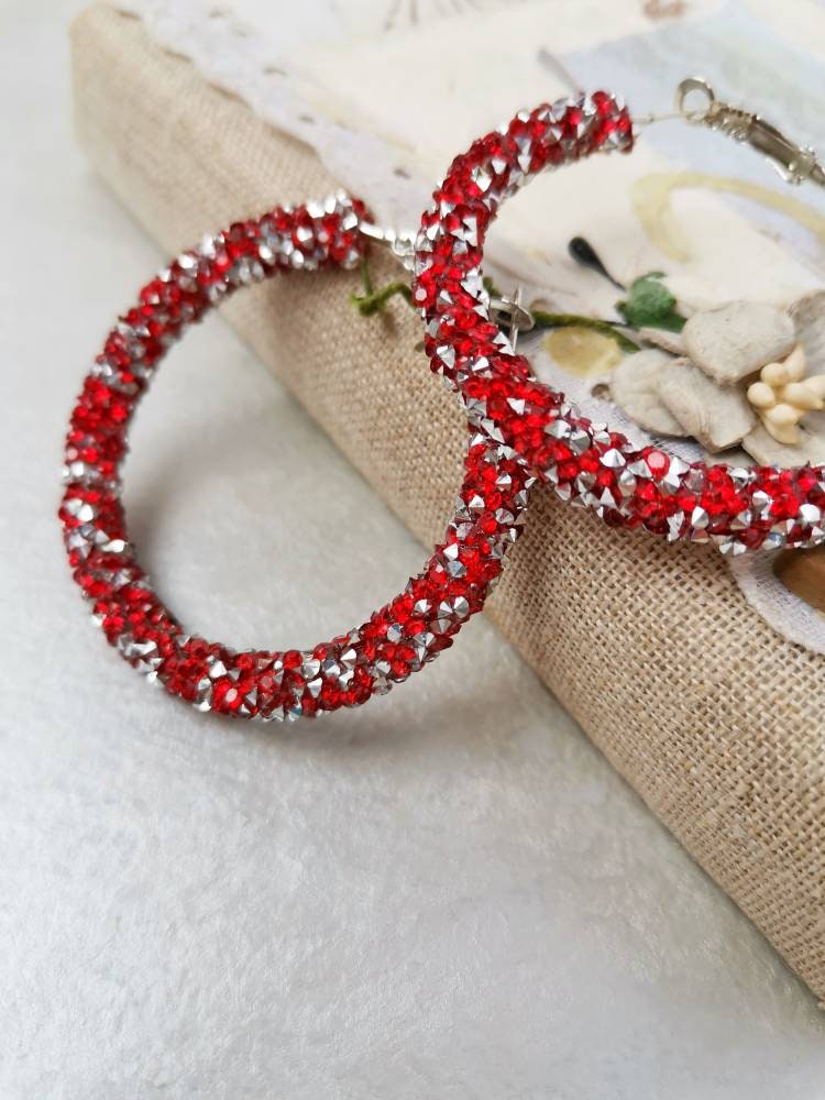 Red rhinestone hoop earrings Clearance