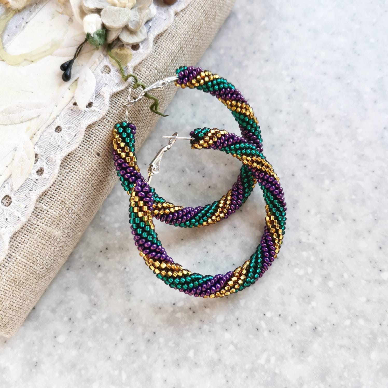 Mardi Gras Hoop Earrings Beaded Purple Green Gold Sparkly Hoop - Etsy