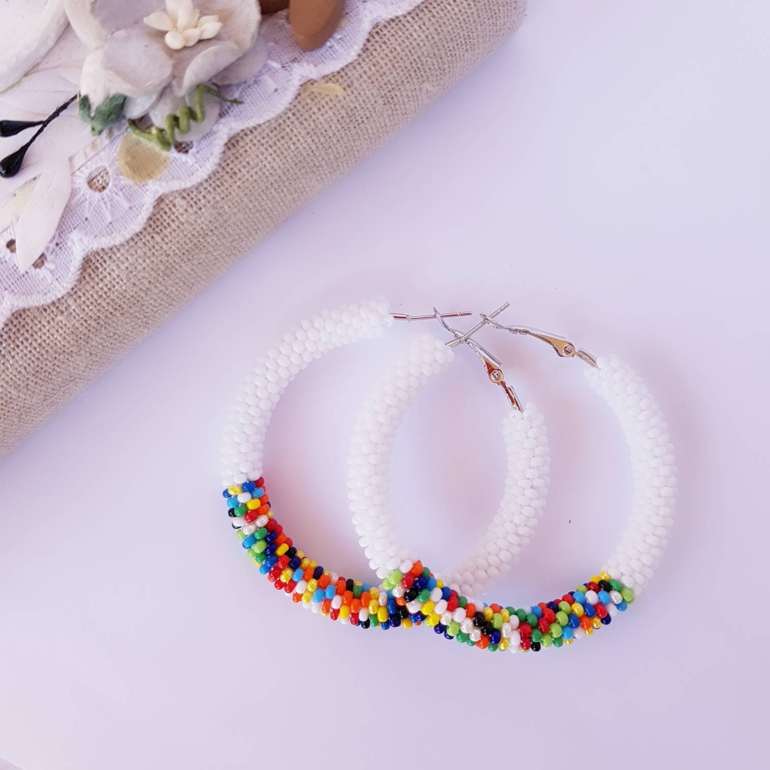 White and Colorful Beaded Hoop Earrings Large Multicolor Seed | Etsy