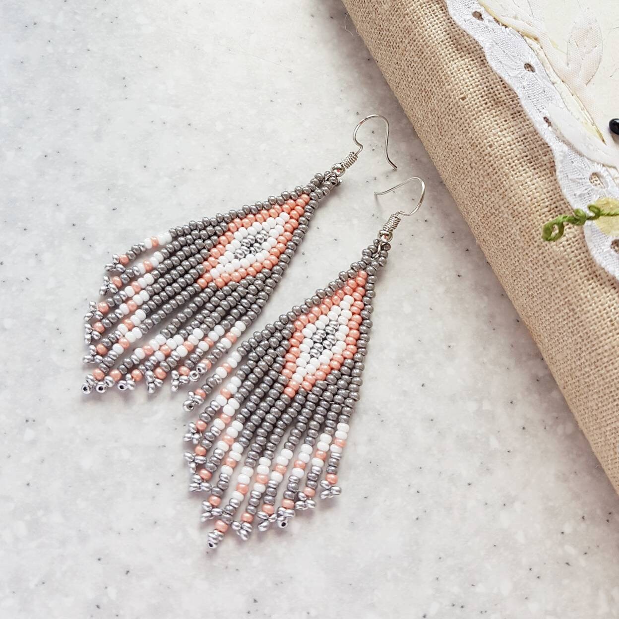 Blush tassel earrings Seed bead fringe earrings Beaded Etsy
